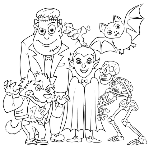 Halloween Characters Set Coloring Page